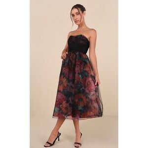 NWT Lulus Strapless Floral Tulle Midi Dress Ruched Sweetheart Organza